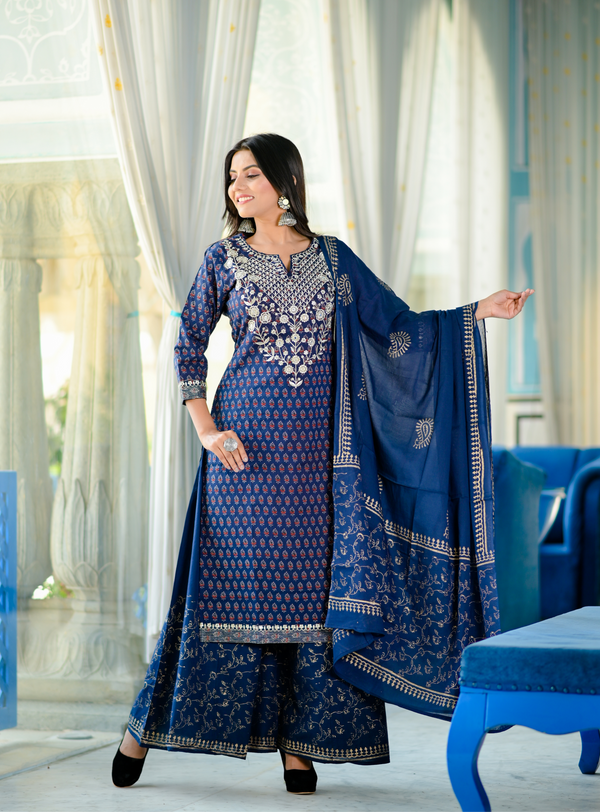 Women's Blue Handblock Dupatta Set - Yufta