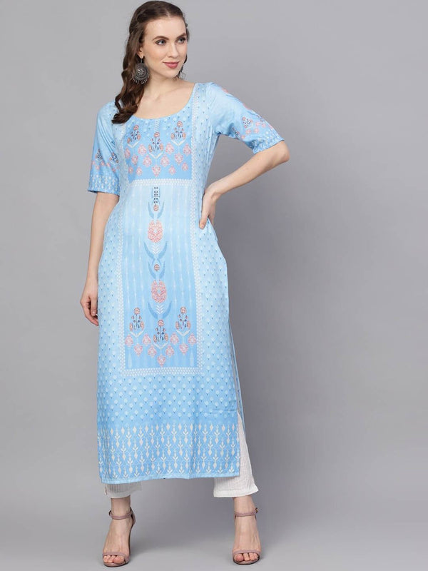 Women's  Blue & White Printed A-Line Kurta - AKS