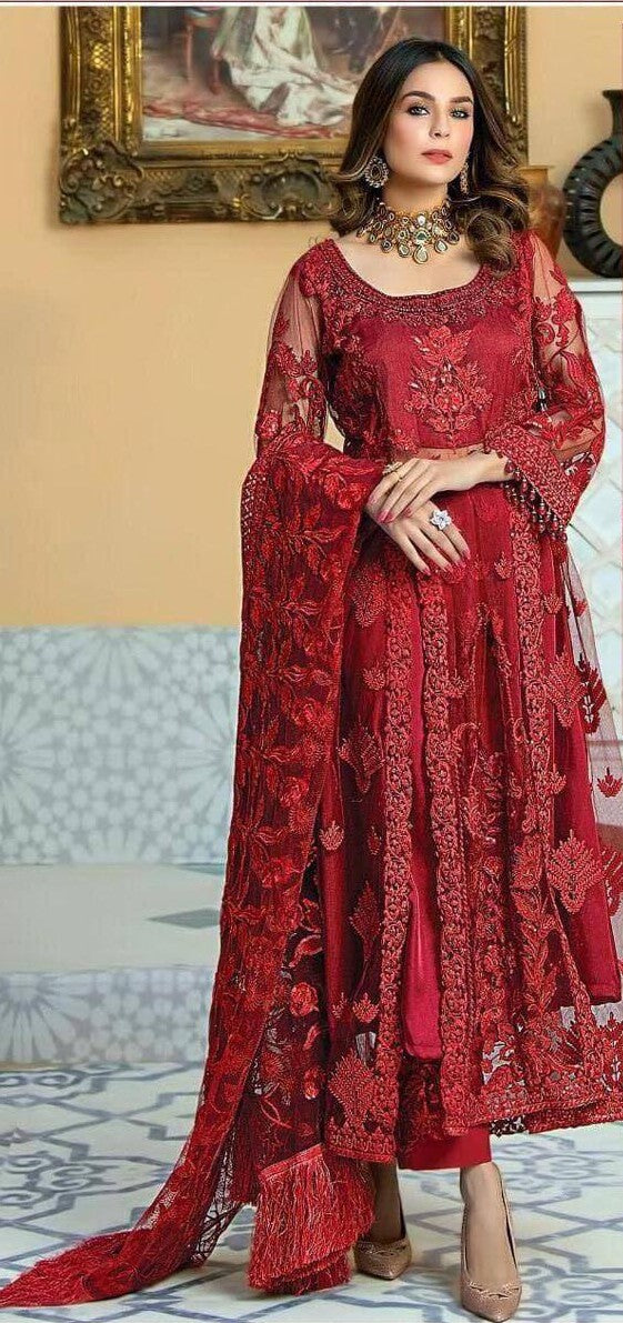 Red Heavy Net Embroidery Sequins Anarkali With Dupatta Set