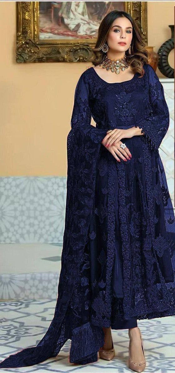 Blue Heavy Net Embroidery Sequins Anarkali With Dupatta Set