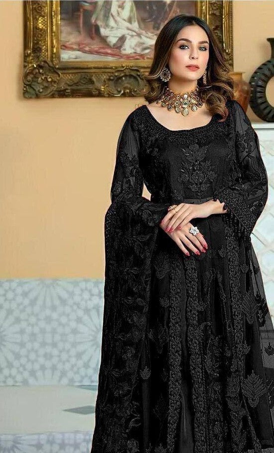 Black Heavy Net Embroidery Sequins Anarkali With Dupatta Set