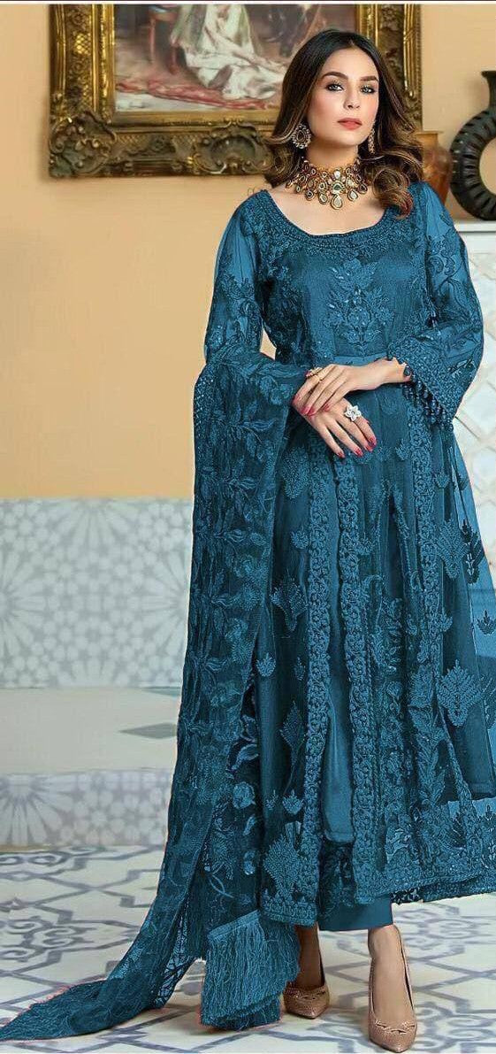 Teal Blue Heavy Net Embroidery Sequins Anarkali With Dupatta Set