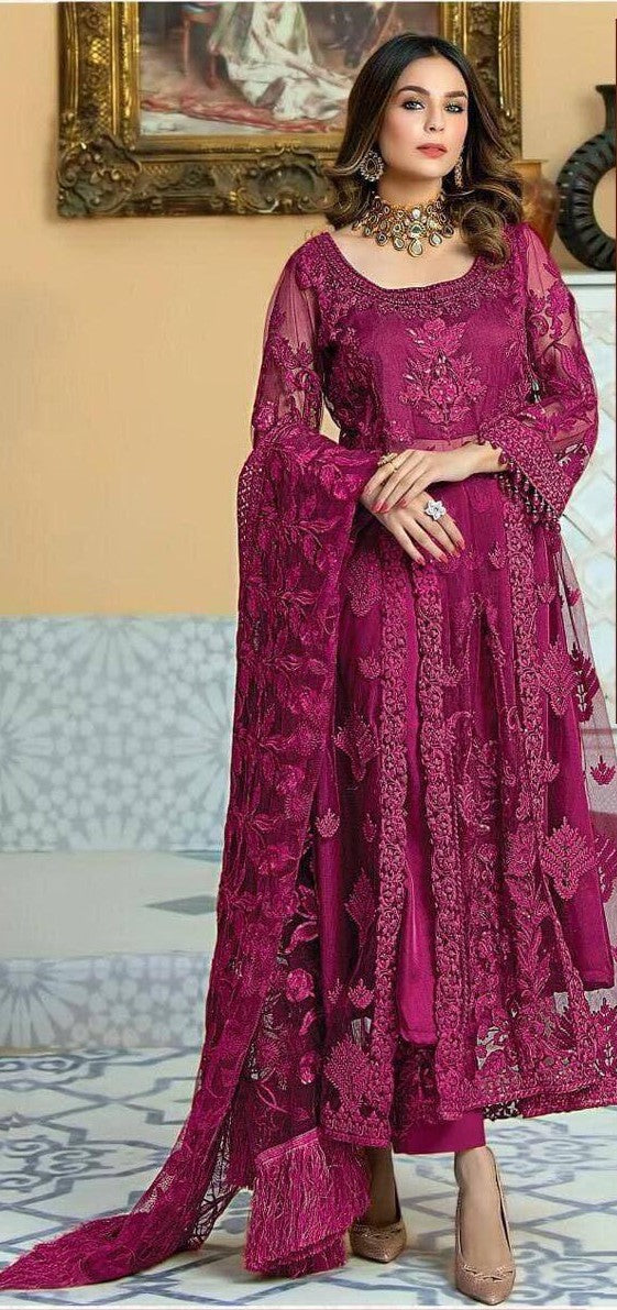 Wine Heavy Net Embroidery Sequins Anarkali With Dupatta Set