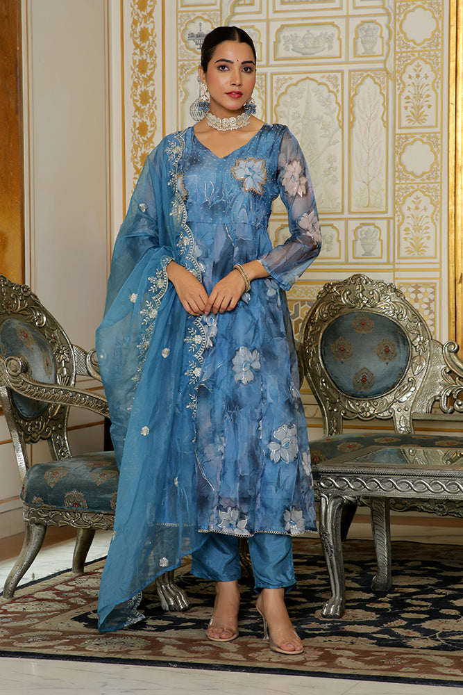 Women's Blue Embroidered Anarkali Kurta With Solid Pant & Dupatta - Vaasva Jaipur