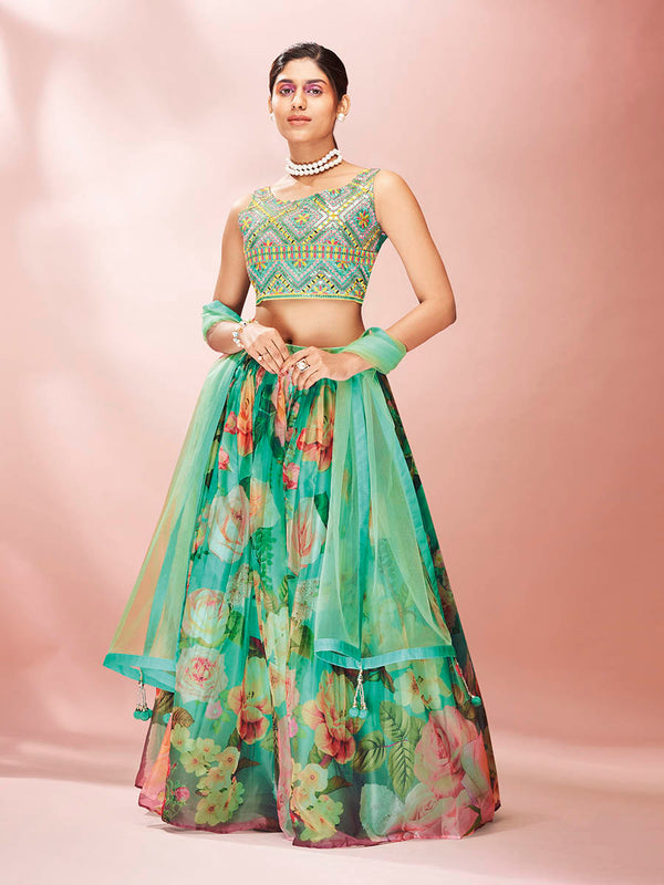 Women's Green Art Silk Embroidered Mirror Work Lehenga - Myracouture