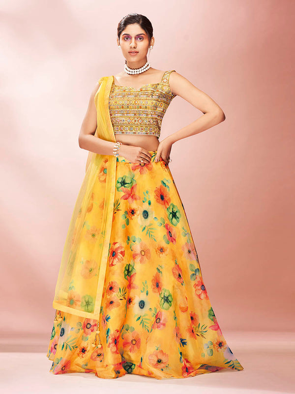 Women's Yellow Art Silk Embroidered Mirror Work Lehenga - Myracouture