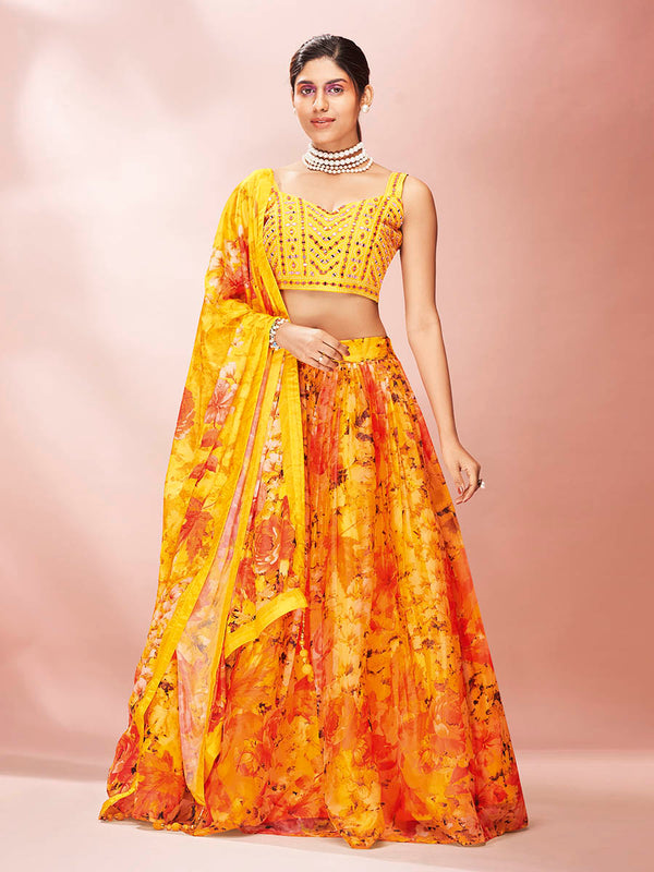 Women's Yellow Art Silk Embroidered Mirror Work Lehenga - Myracouture