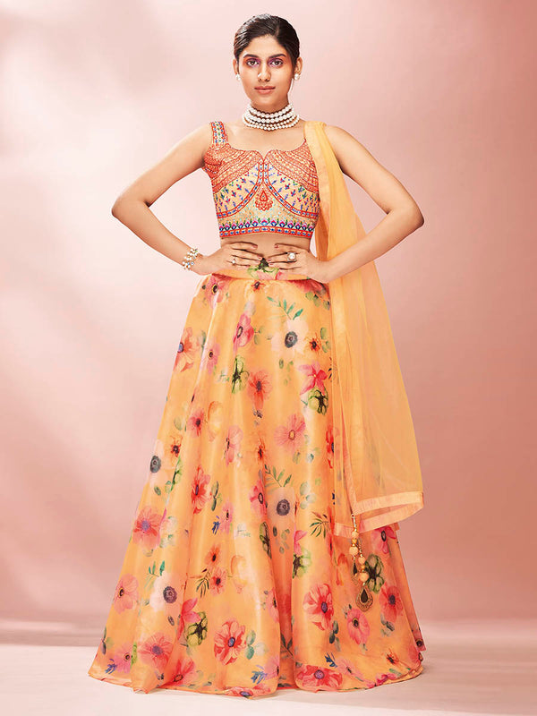 Women's Mustard Art Silk Embroidered Mirror Work Lehenga - Myracouture