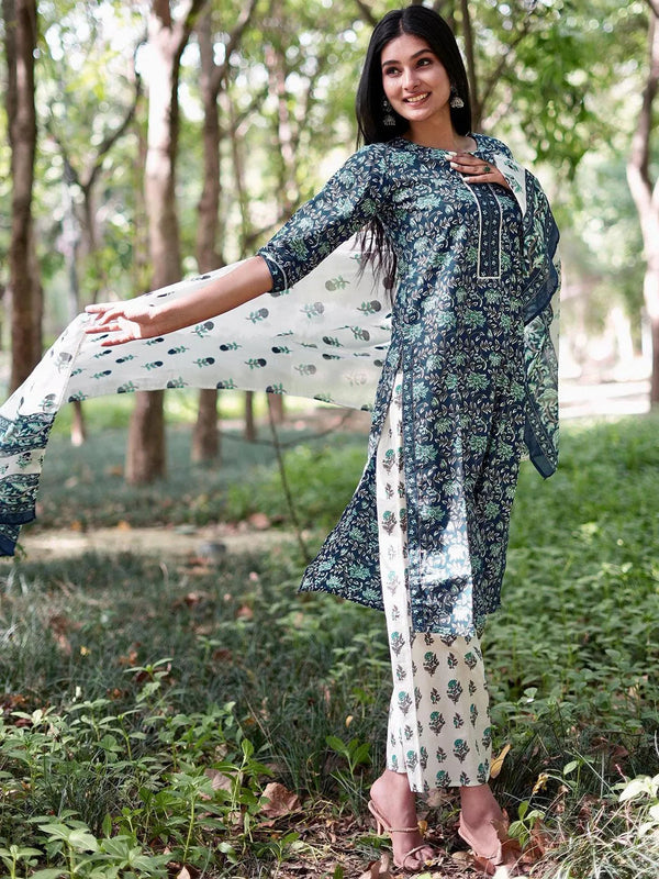 Blue Printed Cotton Straight Kurta With Palazzos & Dupatta - Jashvi