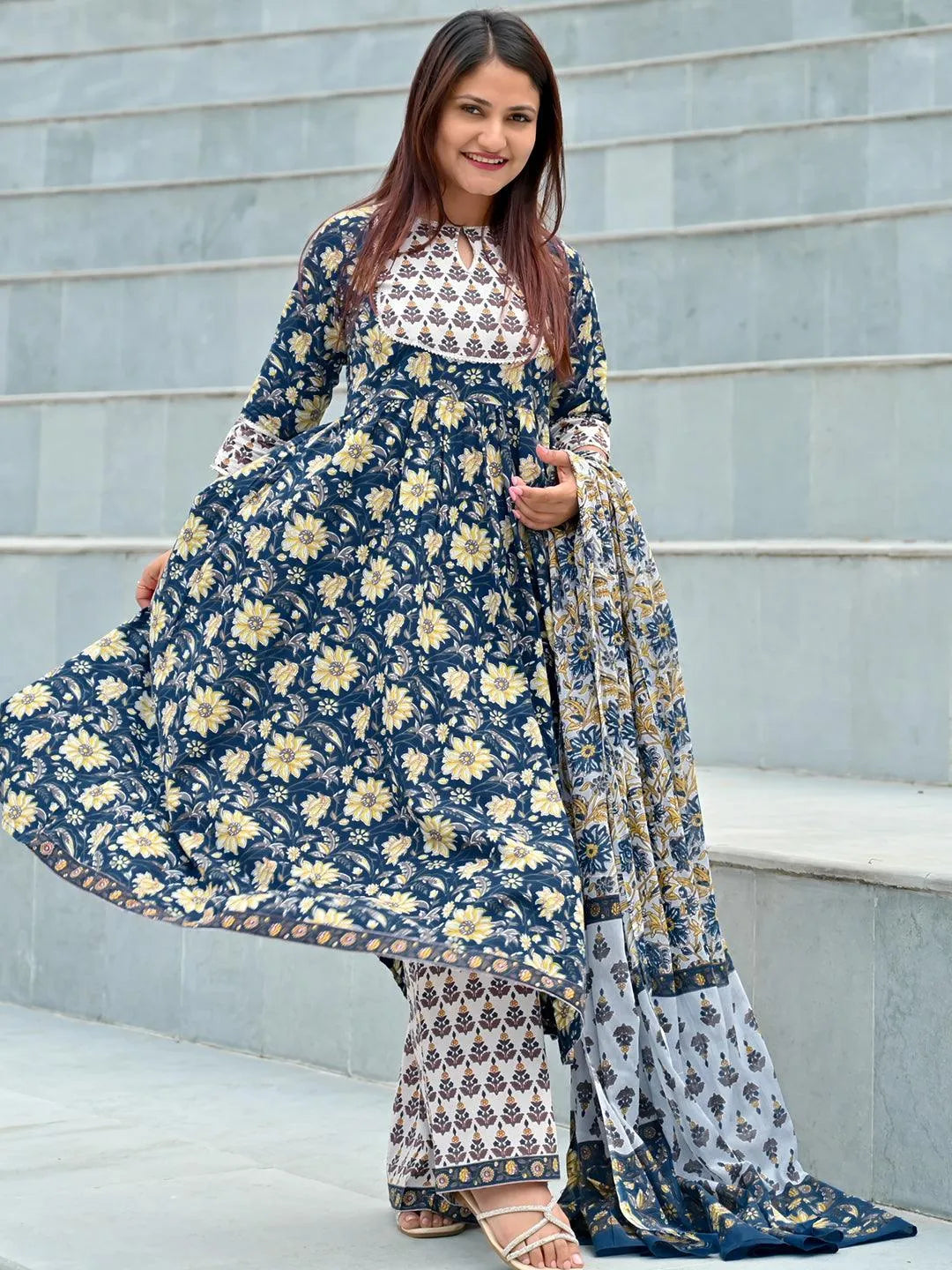 Blue Printed Cotton Anarkali Kurta With Palazzos & Dupatta - Jashvi