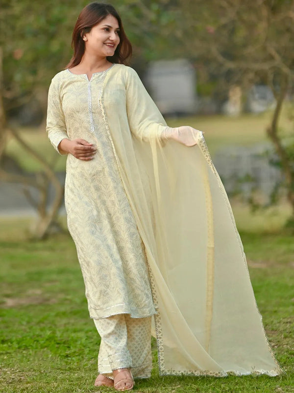 Yellow Printed Cotton Straight Kurta With Palazzos & Dupatta - Jashvi