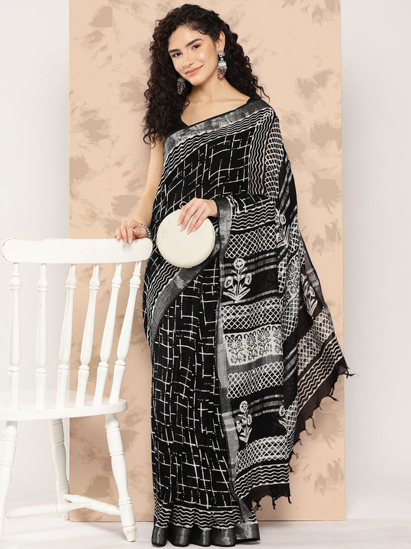 Women's Black Printed Unstitched Blouse Sarees - Yufta