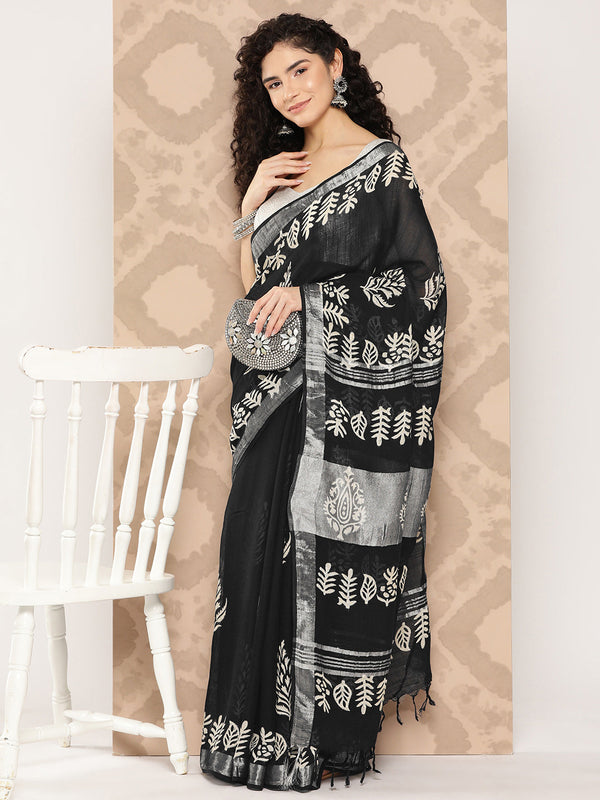 Women's Black Printed Unstitched Blouse Sarees - Yufta