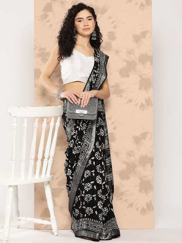 Women's Black Printed Unstitched Blouse Sarees - Yufta