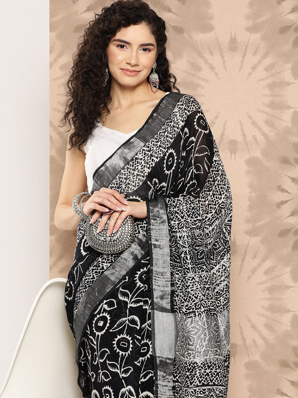 Women's Black Printed Unstitched Blouse Sarees - Yufta