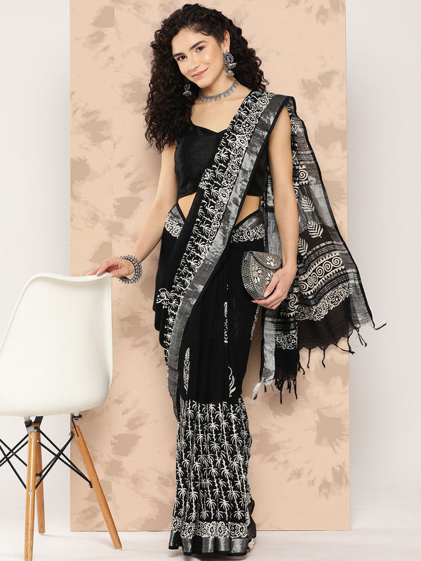 Women's Black Printed Unstitched Blouse Sarees - Yufta