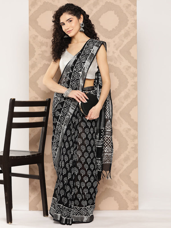 Women's Black Printed Unstitched Blouse Sarees - Yufta