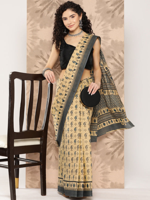 Women's Beige Printed Unstitched Blouse Sarees - Yufta