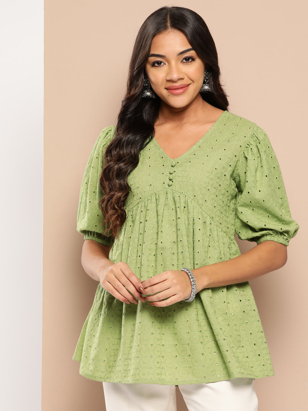 Women's Green Alia-Cut Cotton Schiffli Tops - Yufta