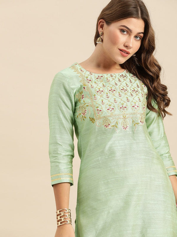 Women's Sea Green Floral Embroidered Kurta - Varanga