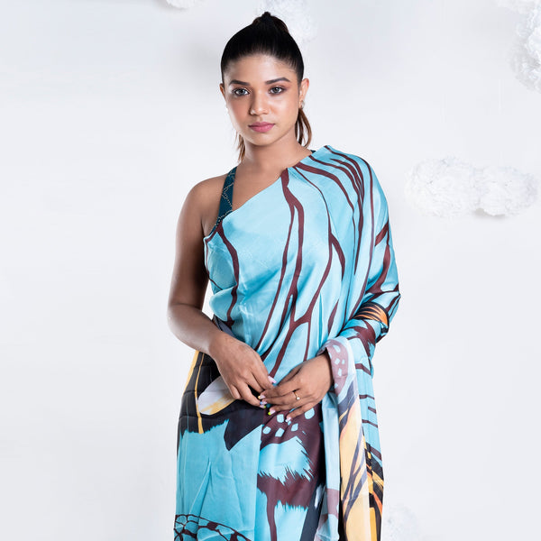 Women's Sylvie Satin Georgette Digital Printed  Saree In Blue Color - Boveee