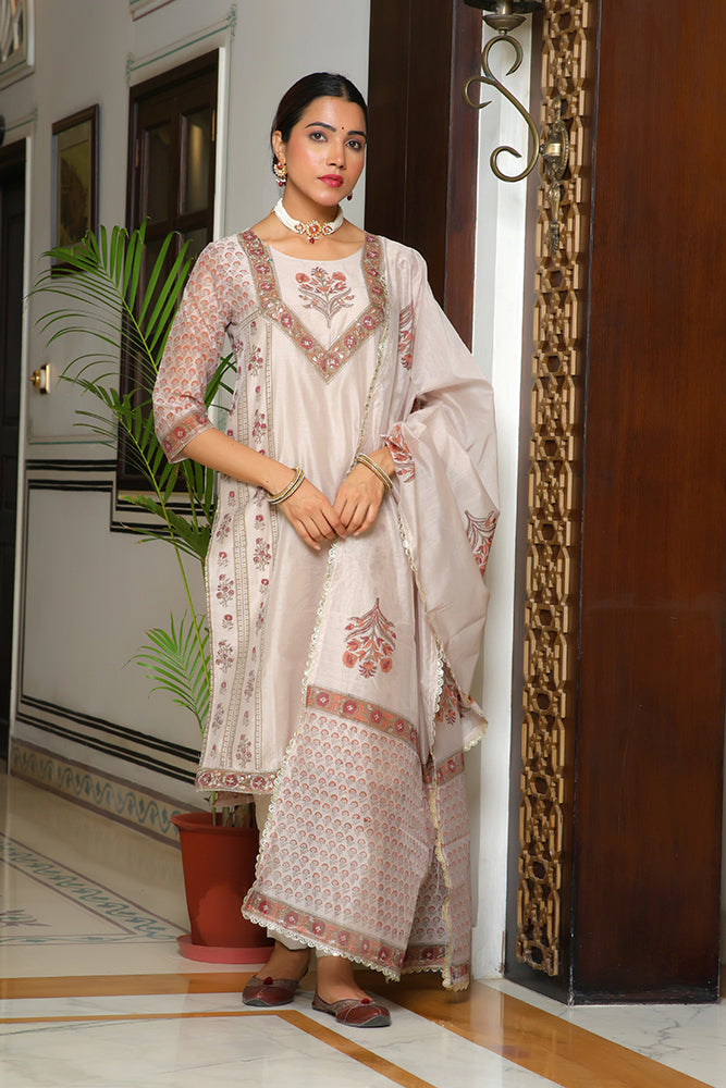 Women's Grey Chanderi Block Printed Embroidered Kurta Set With Solid Pants & Dupatta - Vaasva Jaipur