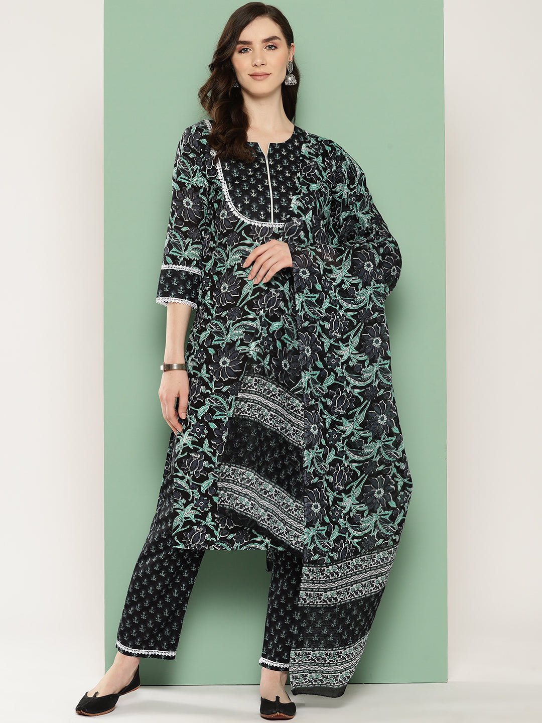 Women's Black Cotton Printed Kurta Dupatta Set - Yufta