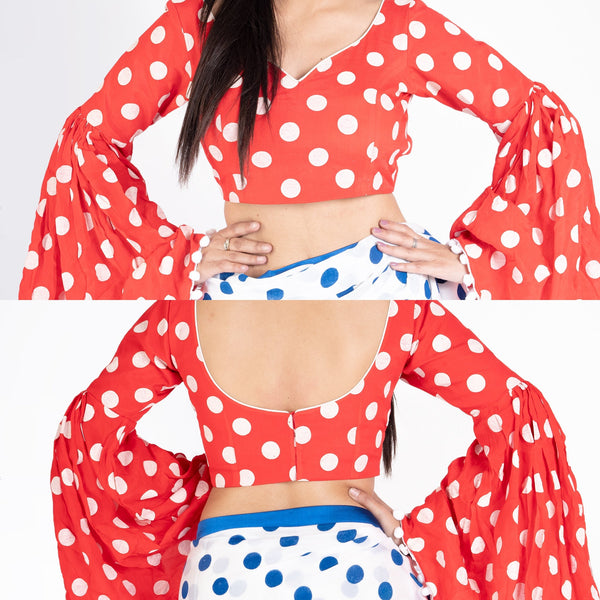 Women's Red Polka Dotted Chiffon Padded Blouse - Boveee