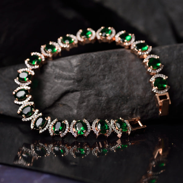 Rose Gold Plated Oval Green Ad Studded Designer Tennis Bracelet For Women And Girls - Saraf Rs Jewellery