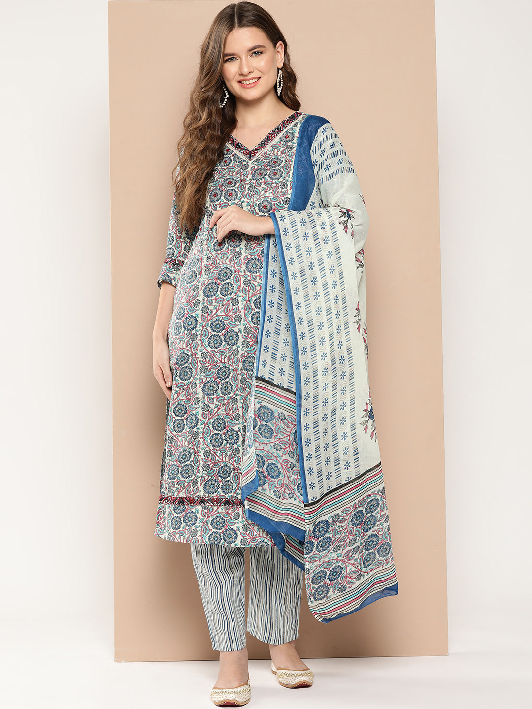 Women's Blue Floral Straight Kurta With Trouser & Dupatta - Yufta