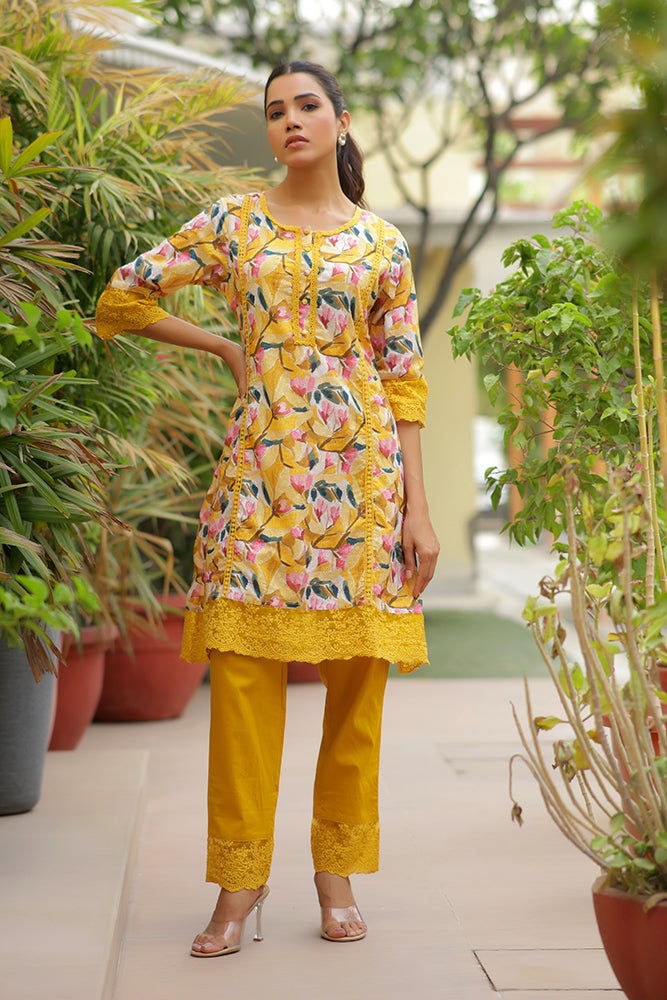 Women's Yellow Embroidered Printed Kurta Set With Laced Solid Pants - Vaasva Jaipur