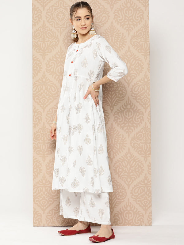 Women's White Ethnic Motifs Anarkali Kurta Trouser And Dupatta Set - Yufta