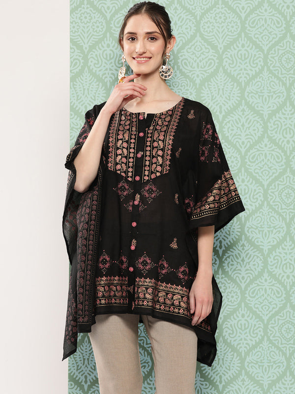 Women's Black Ethnic Motifs Kaftan Top - Yufta