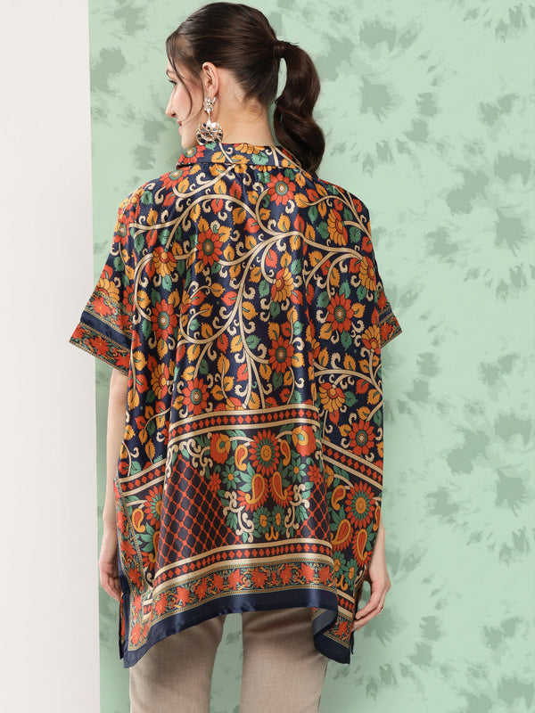 Women's Blue Printed Kaftan Top - Yufta