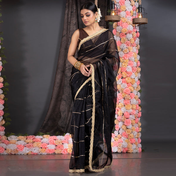 Women's Black Organza Saree With Gota Work And Scallop Border - Boveee