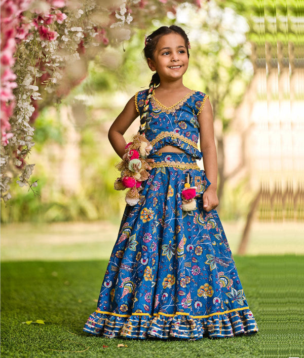 Girl's Blue Print Lehenga Choli - Fayon Kids