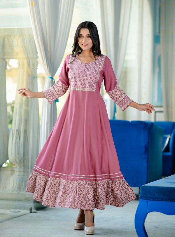 Women's Pink Embroidered Dress - Yufta