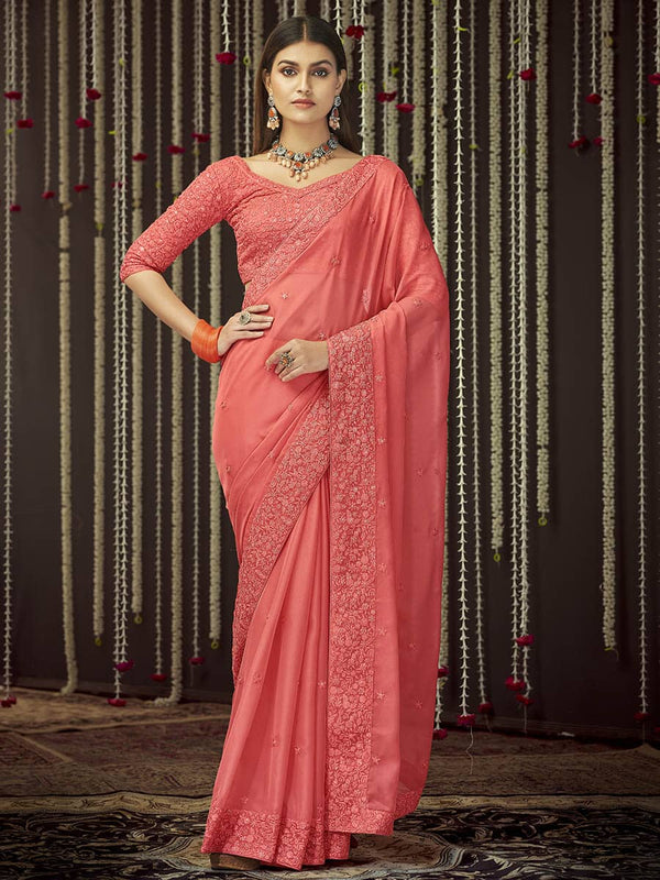 Women's Peach Organza Heavy Embroidered Saree - Myracouture