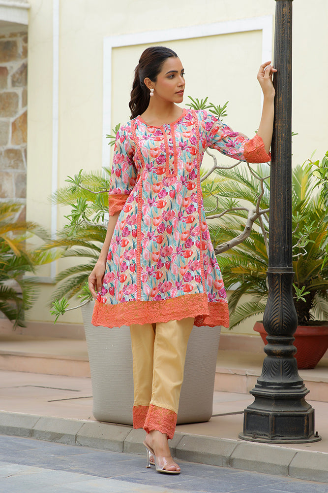 Women's Lemon Embroidered Printed Kurta Set With Laced Solid Pants - Vaasva Jaipur