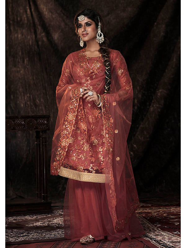 Women's Dark Orange Net Embroidered Sharara Suit - Myracouture