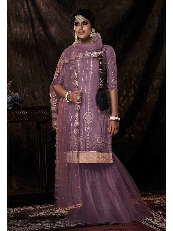 Women's Onion Net Embroidered Sharara Suit - Myracouture