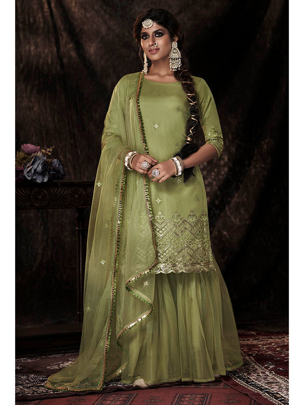 Women's Parrot Net Embroidered Sharara Suit - Myracouture