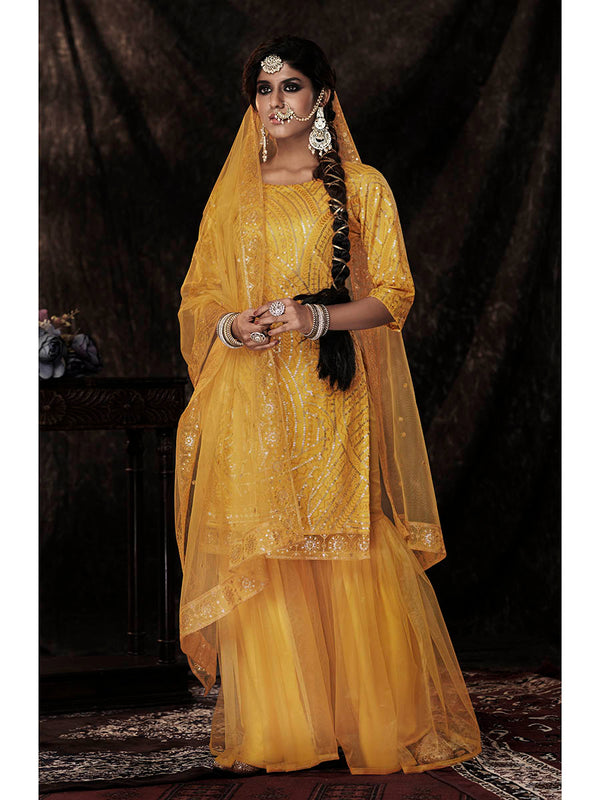 Women's Mustard Net Embroidered Sharara Suit - Myracouture