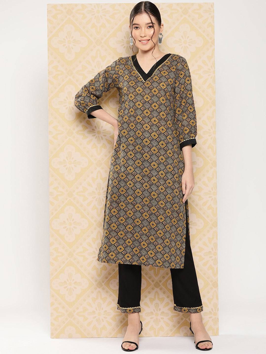 Women's - Brown Geometric Print Pure Cotton Kurta With Pants Set - Yufta