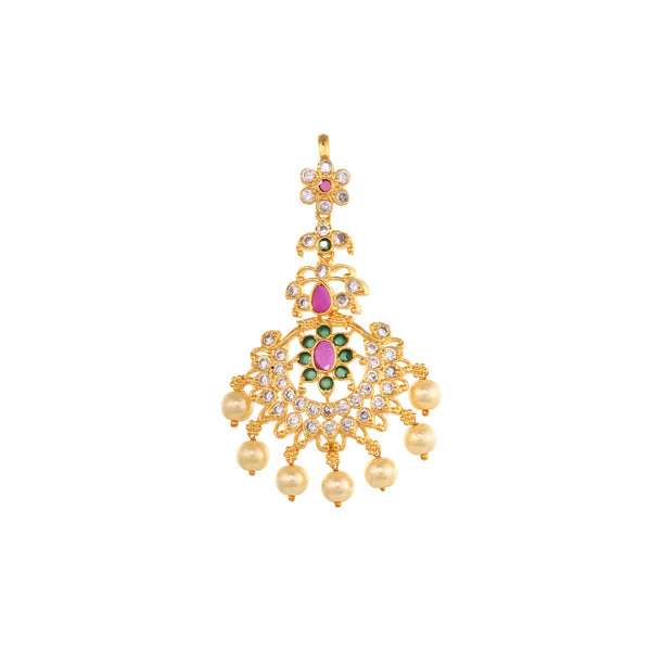 Women's Gold Plated Red & Green AD Studded Pearl Beaded Temple  Floral Mangtikka - Saraf RS Jewellery