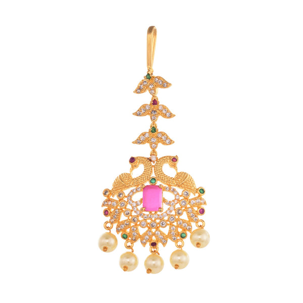 Women's Gold Plated Red AD Studded Pearl Beaded Peacock Mangtikka - Saraf RS Jewellery