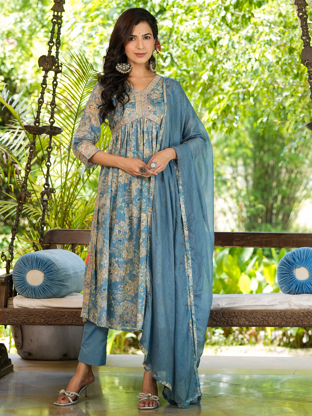 Women's Blue Dori_Embroidery Alia -Cut Kurta With Trouser & Dupatta - Yufta