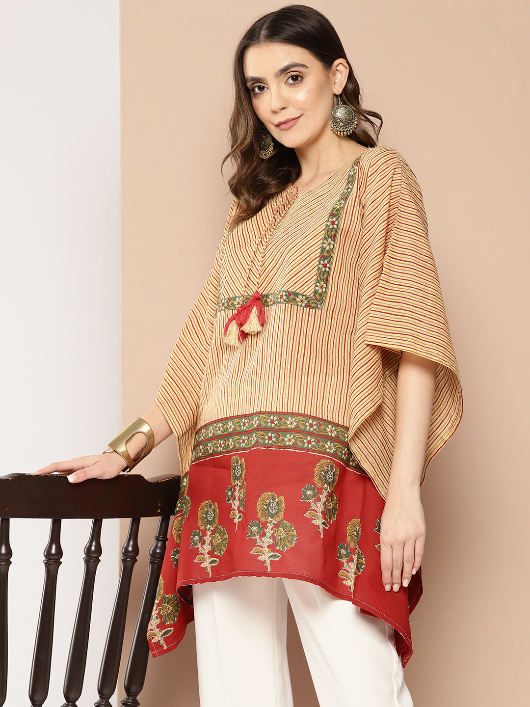 Women's Red And Beige Striped Kaftan Top - Yufta