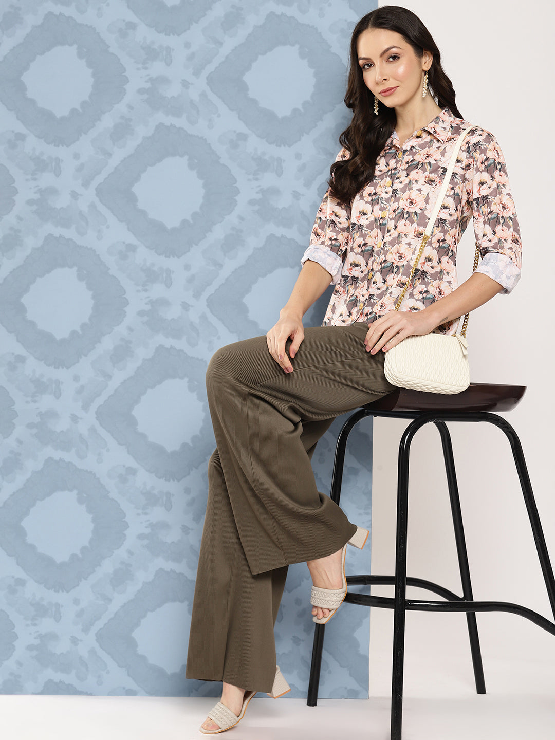 Women's - Grey Cotton Floral Printed Shirt - Yufta