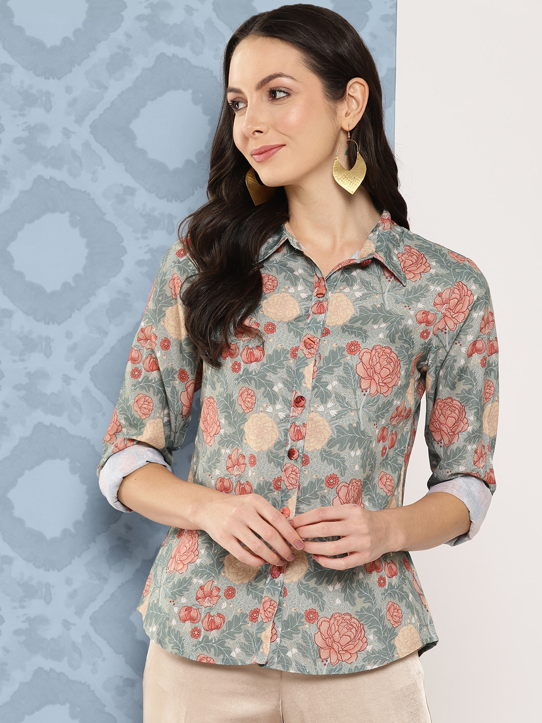 Women's - Green Cotton Floral Printed Shirt - Yufta